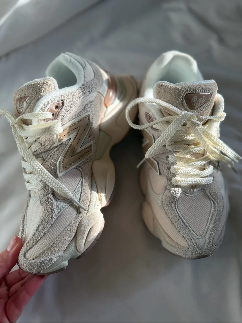 New Balance Women's 9060 in Bisque Sea Salt, thick structured suede Sneakers